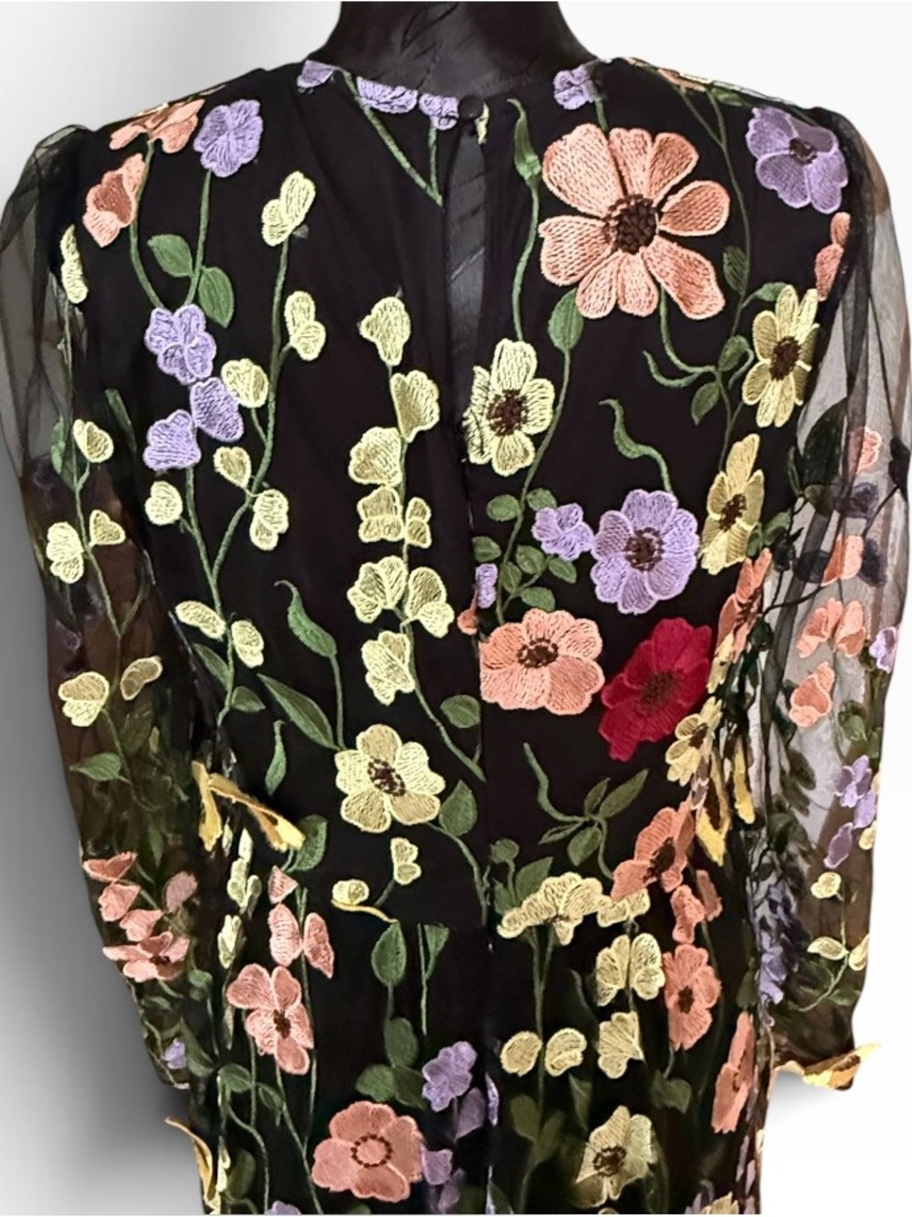 Lulus Black Floral Embroidered Sheer Sleeve Midi Dress Large - Picture 6 of 11